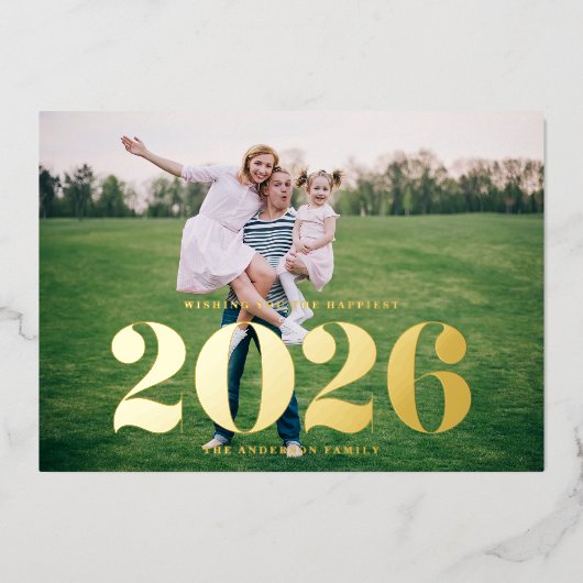 2025はっきりしたタイポグラフィ写真新年 箔シーズンカード (正面)