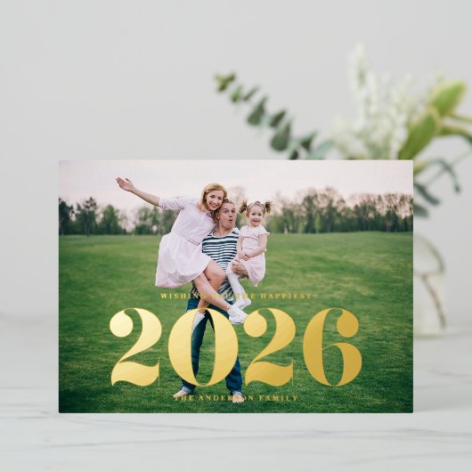 2025はっきりしたタイポグラフィ写真新年 箔シーズンカード (立ち正面)