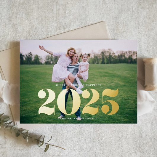 2025はっきりしたタイポグラフィ写真新年 箔シーズンカード