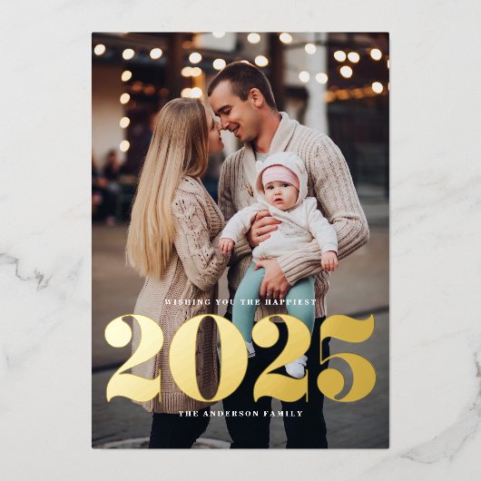 2025はっきりしたタイポグラフィ縦型写真新年 箔シーズンカード (正面)