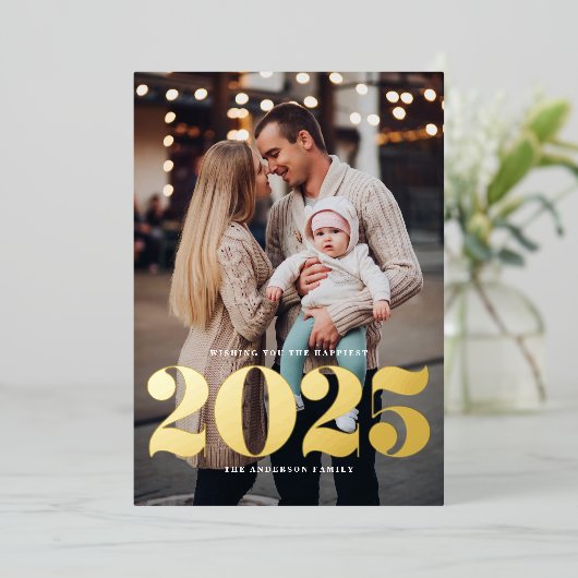 2025はっきりしたタイポグラフィ縦型写真新年 箔シーズンカード (立ち正面)