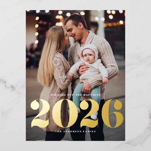 2025はっきりしたタイポグラフィ縦型写真新年 箔シーズンポストカード (正面)