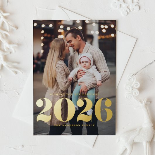 2025はっきりしたタイポグラフィ縦型写真新年 箔シーズンポストカード