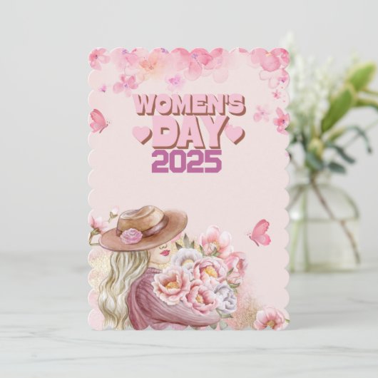 2025エレガント年の女性デーとピンクフローラデザイン 招待状 (スタンド正面)