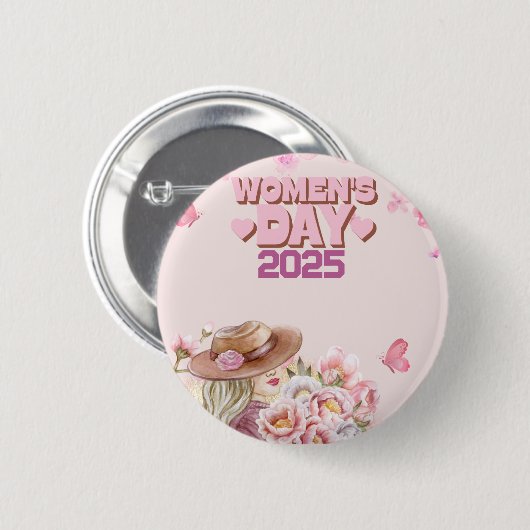 2025エレガント年の女性デーとピンクフローラデザイン 缶バッジ (正面&裏面)