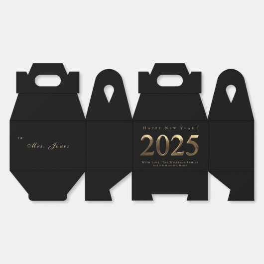 2025エレガント年の新年を迎える黒と金ゴールドスクリプト フェイバーボックス (見開き)