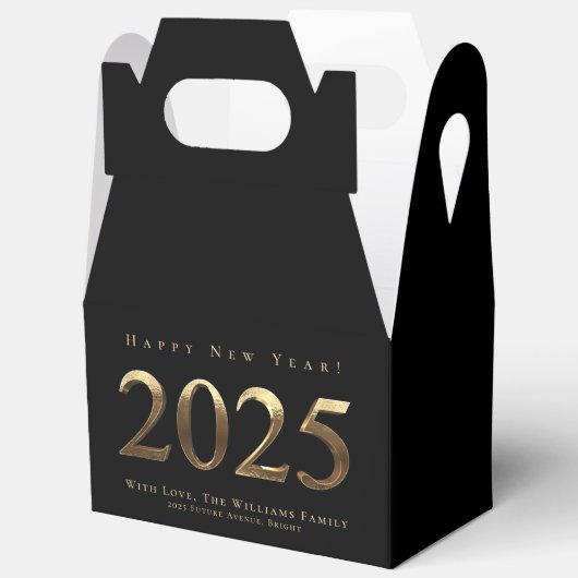2025エレガント年の新年を迎える黒と金ゴールドスクリプト フェイバーボックス (見開き)