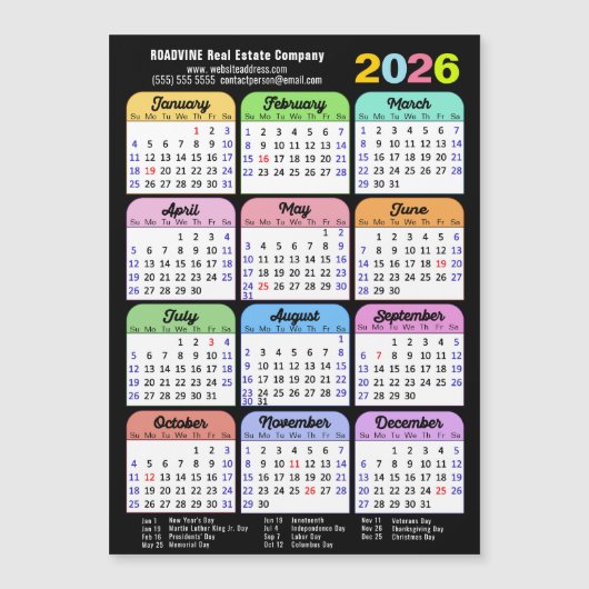 2025カラーカレンダー米国の休日企業の磁気 (正面)