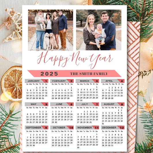 2025カレンダファミリー2フォトピンクのスクリプトシンプル シーズンカード