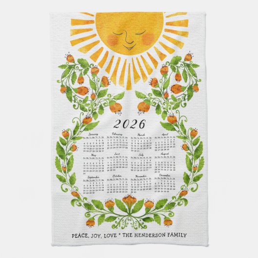 2025カレンダーかわいいサンオレンジ色の花フローラ キッチンタオル (縦)