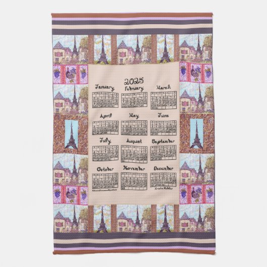 2025カレンダーパリエッフェルタワーポインティリスムアート キッチンタオル (縦)