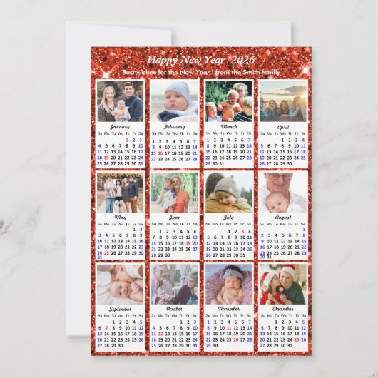 2025カレンダーフェスティバルレッドグリッター12フォトコラージュ シーズンカード (正面)