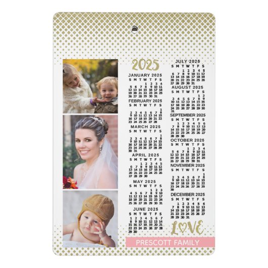 2025カレンダー赤面ピンク金ゴールドファミリーフォトコラージュ ミニクリップボード (裏面)