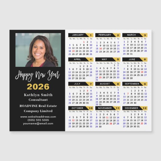 2025カレンダー黒金ゴールドビジネス写真磁気 (正面)