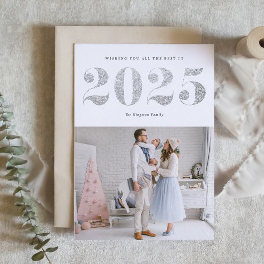 2025シルバーフェイクグリッターモダンハッピーニューイヤー シーズンカード