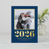 2025タイポグラフィネイビーブルーハッピーニューイヤー写真 箔シーズンカード (立ち正面)