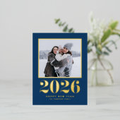 2025タイポグラフィネイビーブルーハッピーニューイヤー写真 箔シーズンポストカード (立ち正面)