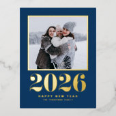 2025タイポグラフィネイビーブルーハッピーニューイヤー写真 箔シーズンポストカード (正面)