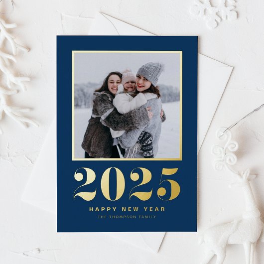 2025タイポグラフィネイビーブルーハッピーニューイヤー写真 箔シーズンポストカード