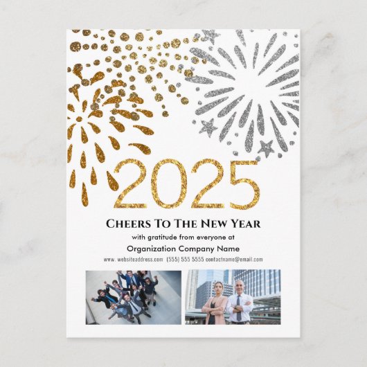2025ビジネスフォトフェスティバルFireworks金ゴールドグリッター シーズンポストカード (正面)