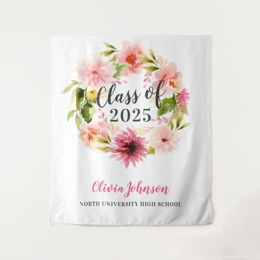 2025ピンクの花の水彩画卒業式背景 タペストリー (正面)