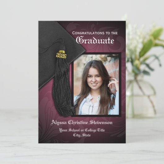 2025ピンクエレガントのタッセルチャーム写真卒業 招待状 (スタンド正面)