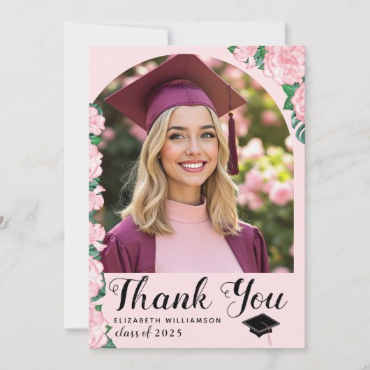 2025ピンクエレガントフローラアーチ写真卒業 サンキューカード (正面)