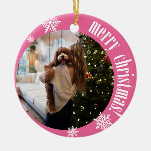2025ピンクレトロメリークリスマスグリッター写真 セラミックオーナメント (正面)
