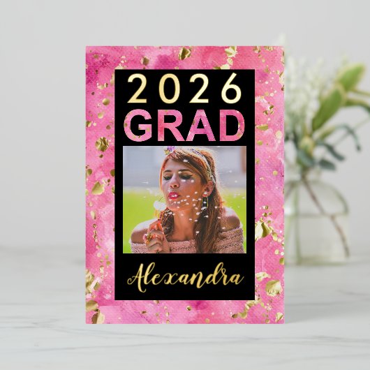 2025ピンク金ゴールド水彩画写真卒業 箔招待状 (立ち正面)