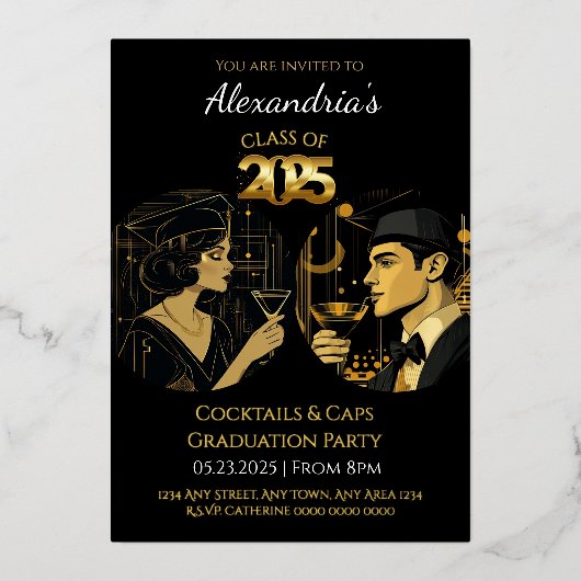 2025ブラック金ゴールドカクテル&キャップ卒業パーティー 箔招待状 (正面)