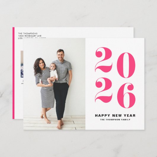 2025ホットピンクはっきりしたタイポグラフィ新年写真 シーズンポストカード (正面/裏面)