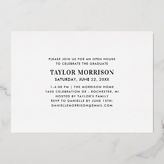 2025ミニマルなブラックと金ゴールドの卒業写真 箔招待状 (裏面)