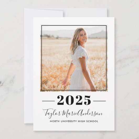 2025ミニマル赤面ブラックフォト卒業パーティー 招待状 (正面)