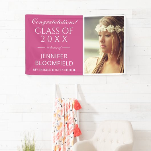 2025モダン年のピンクの白い写真卒業クラス 横断幕 (インサイチュ)