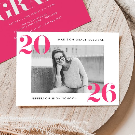 2025モダン年ホットピンク写真卒業パーティー 招待状