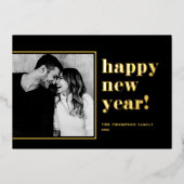 2025レトロはっきりしたタイポグラフィブラックハッピーニューイヤー 箔シーズンカード (正面)