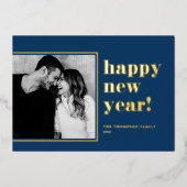 2025レトロはっきりしたタイポグラフィブルーハッピーニューイヤー 箔シーズンカード (正面)