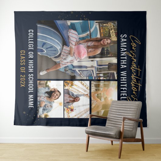 2025卒業式フォトコラージュ ネイビーブルー フォトブース タペストリー (インサイチュ(横))