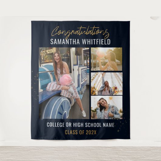2025卒業式 フォトコラージュ ネイビーブルー フォトブース タペストリー (正面)