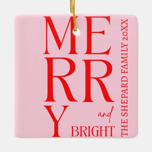 2025年と明モダンるい赤メリーピンクのクリスマス セラミックオーナメント (正面)