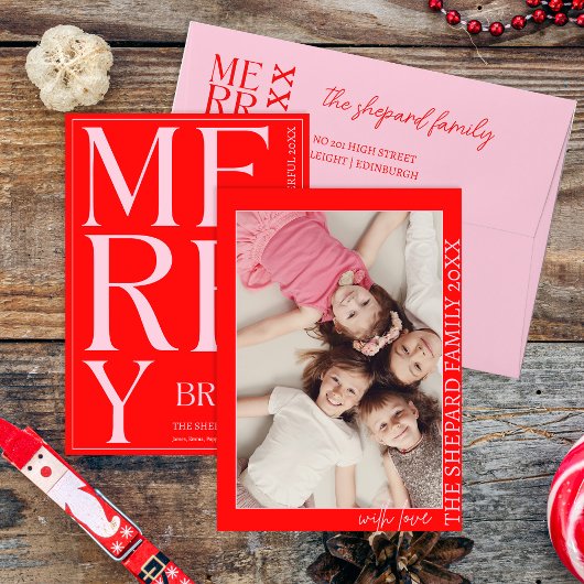 2025年と明モダンるい赤メリーピンクのクリスマス 招待状