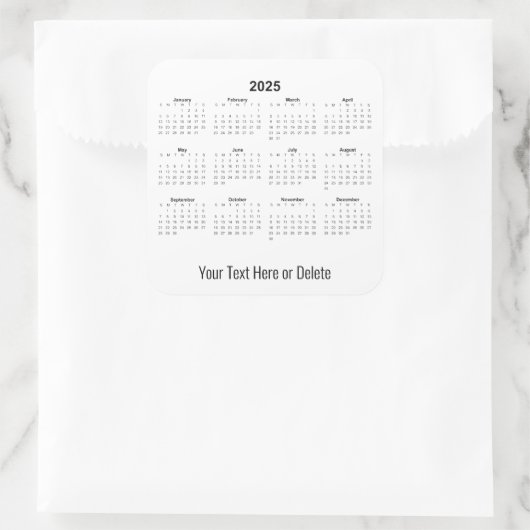 2025年のカスタム文字の月次最下位カレンダー スクエアシール (バッグ)