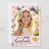 2025年のクラスのピンクのフローラワンフォト卒業 案内状 (正面)