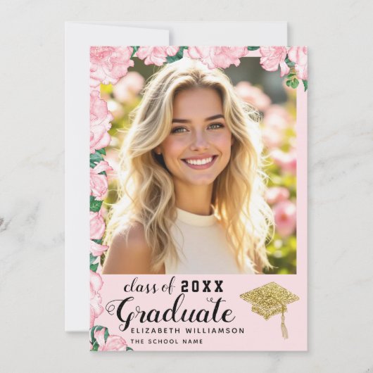 2025年のクラスのピンクのフローラワンフォト卒業 案内状 (正面)