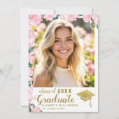 2025年のクラスのピンクの白と金ゴールド写真の卒業 案内状 (正面)
