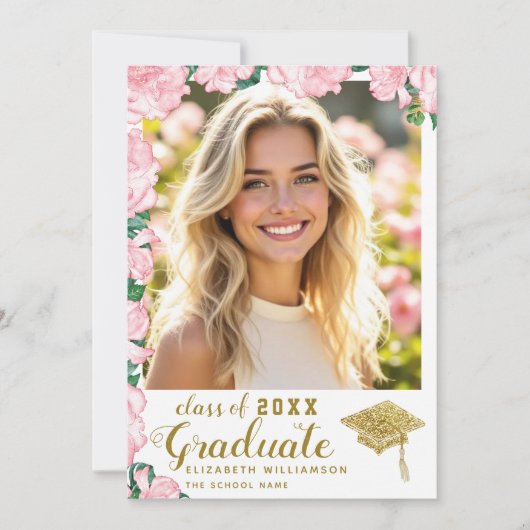 2025年のクラスのピンクの白と金ゴールド写真の卒業 案内状 (正面)