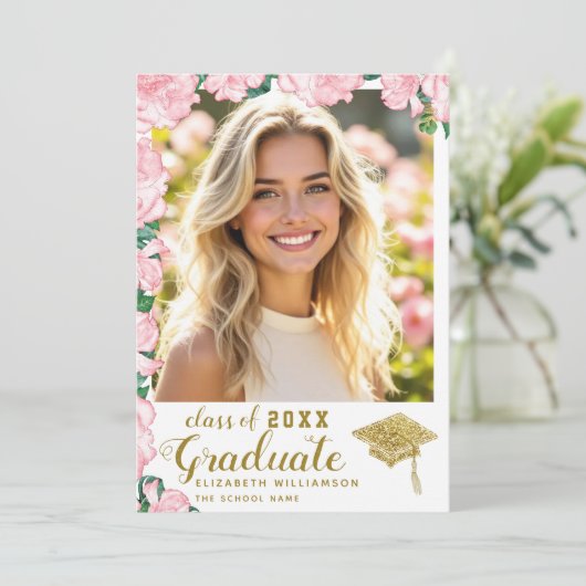 2025年のクラスのピンクの白と金ゴールド写真の卒業 案内状 (スタンド正面)