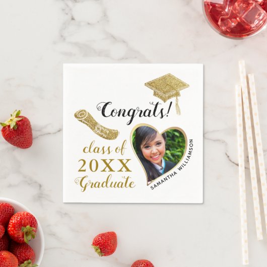 2025年のクラス写真白と金ゴールド卒業 スタンダードカクテルナプキン (インサイチュ)