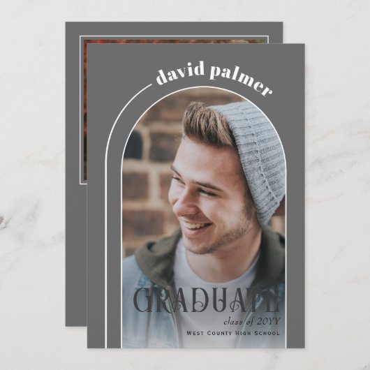2025年のクラスGRADUATE arch gray photo 招待状 (正面/裏面)