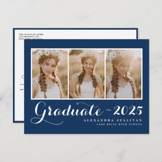 2025年のクラスNavy Blueフォトコラージュ卒業 案内ポストカード (正面/裏面)